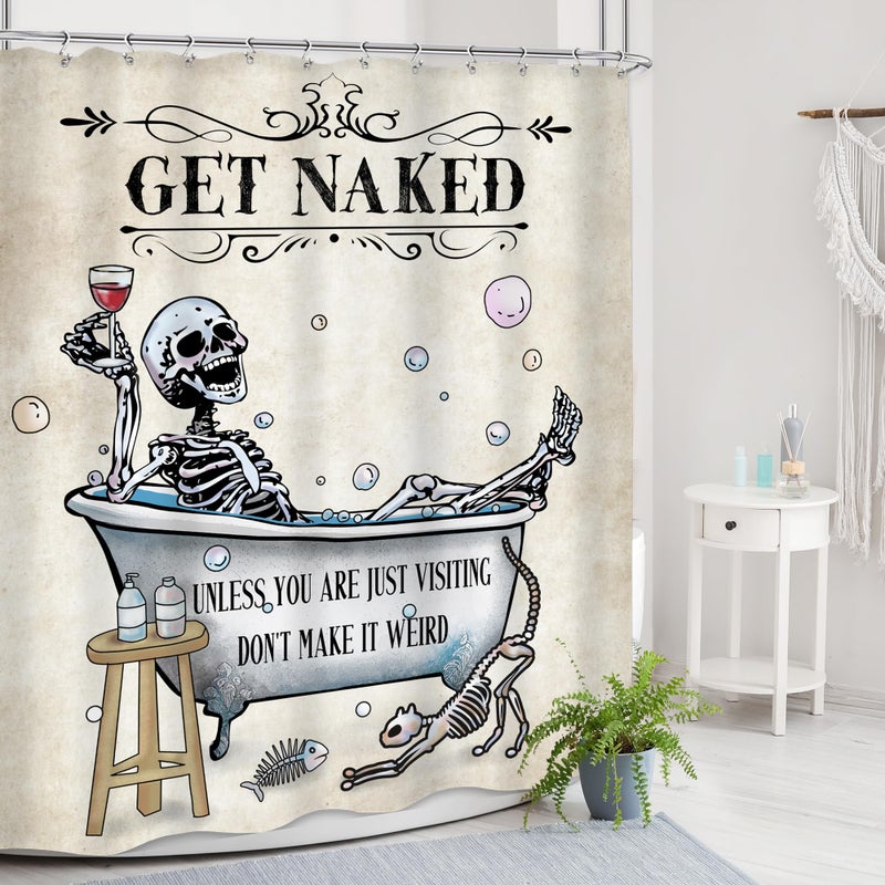 Mitpok Halloween Funny Skull Skeleton Shower Curtain 60Wx72H Gothic Spooky Unique Cool Bone in Bathtub Bubbles Horror Cat Fish Retro Scary Bathroom Decor Bath Curtain Fabric Polyester 12 Pack Hooks - Image 3