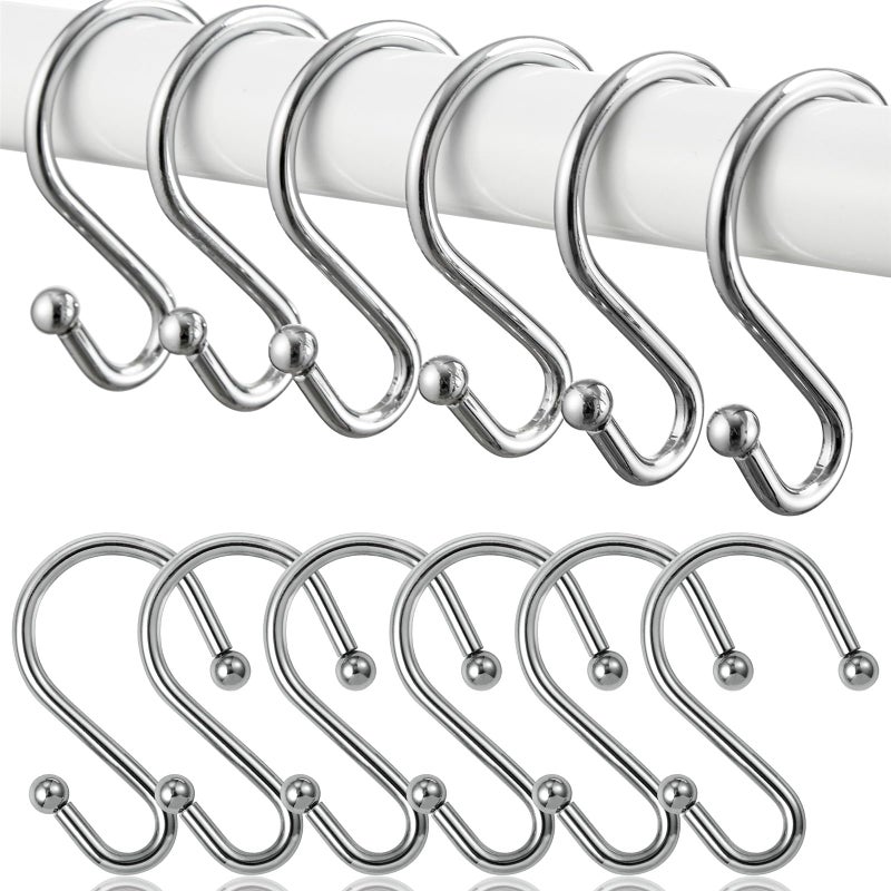 BellRhein BellRhein Shower Curtain Hooks Metal Shower Hooks for Shower Curtain Rod Rust Proof Metal Shower Curtain Rings S Hook Set of 12 Chrome 