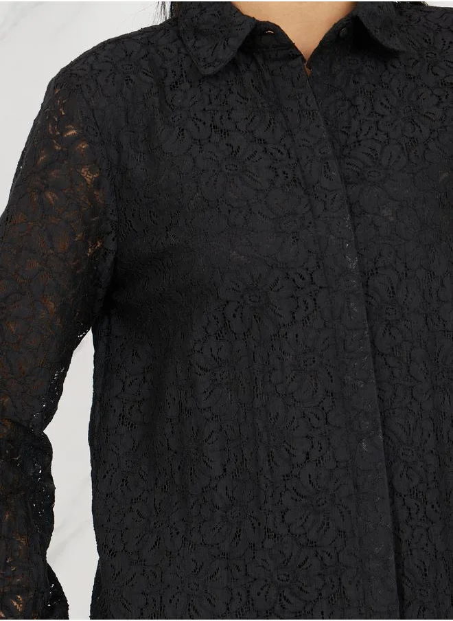 ستايلي Floral Lace Sleeves Regular Fit Shirt