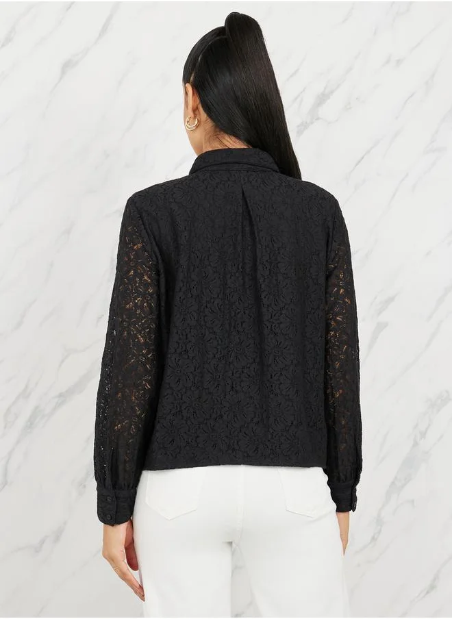 ستايلي Floral Lace Sleeves Regular Fit Shirt