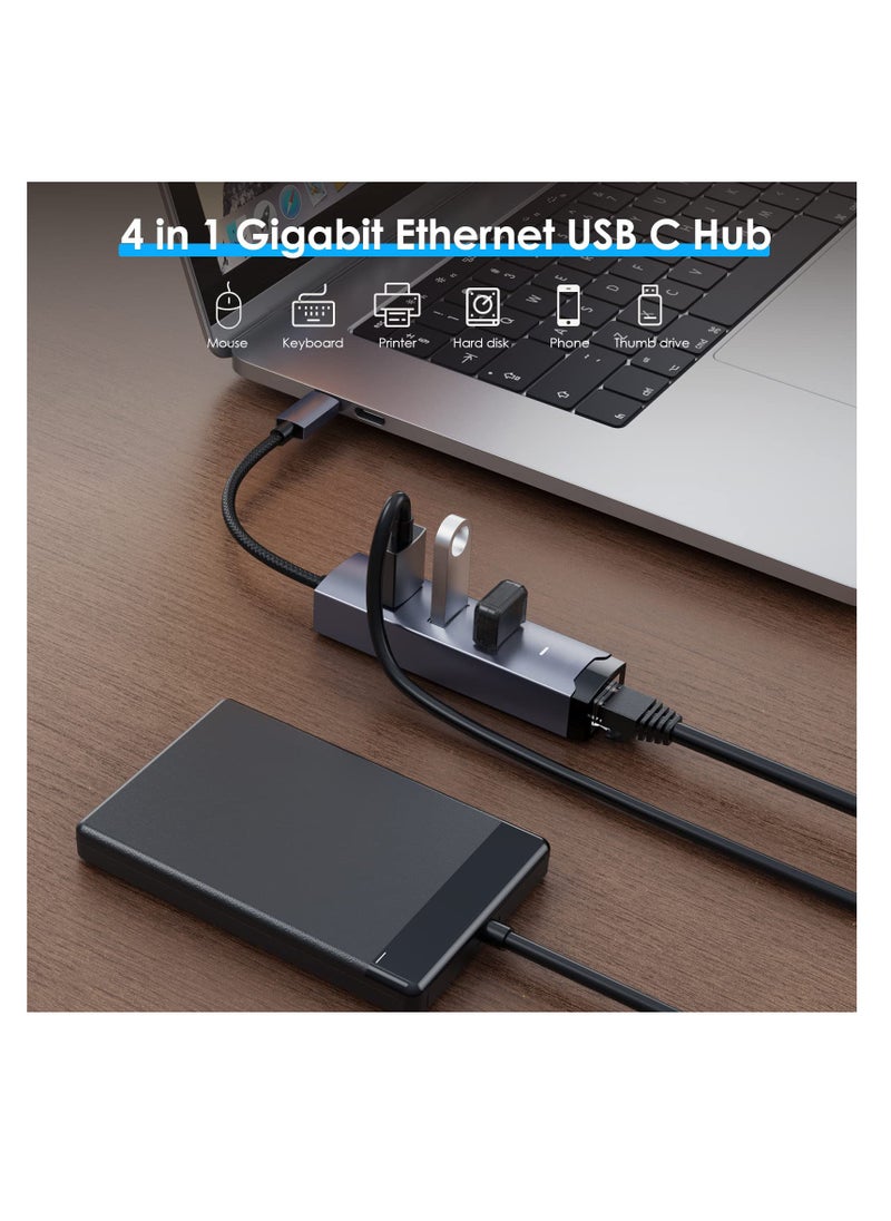 SYOSI USB C to Ethernet Adapter, 4 in 1 Multiport Hub with Gigabit RJ45 & 3 x USB 3.0 Ports Fit for MacBook Pro Air, iMac, Mac Mini, iPad Pro, Galaxy S23, Surface Book, Dell XPS, Chromebook (Nylon Cable)  - Image 2