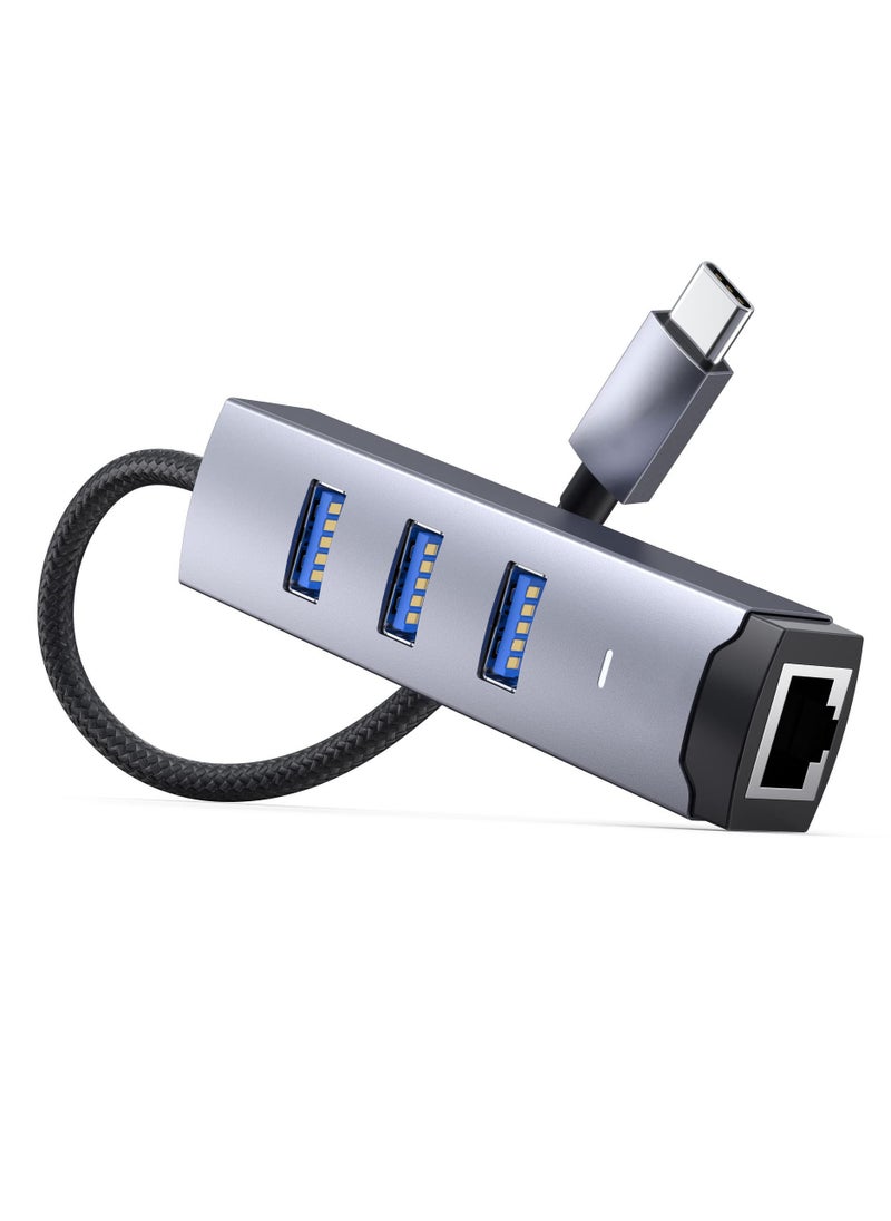 SYOSI USB C to Ethernet Adapter, 4 in 1 Multiport Hub with Gigabit RJ45 & 3 x USB 3.0 Ports Fit for MacBook Pro Air, iMac, Mac Mini, iPad Pro, Galaxy S23, Surface Book, Dell XPS, Chromebook (Nylon Cable)  - Image 1