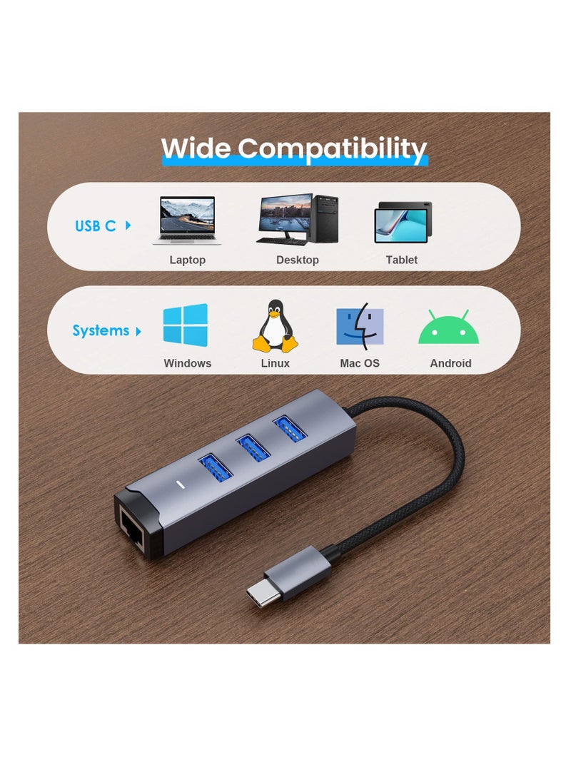 SYOSI - USB C to Ethernet Adapter, 4 in 1 Multiport Hub with Gigabit RJ45 & 3 x USB 3.0 Ports Fit for MacBook Pro Air, iMac, Mac Mini, iPad Pro, Galaxy S23, Surface Book, Dell XPS, Chromebook (Nylon Cable) - Image 1