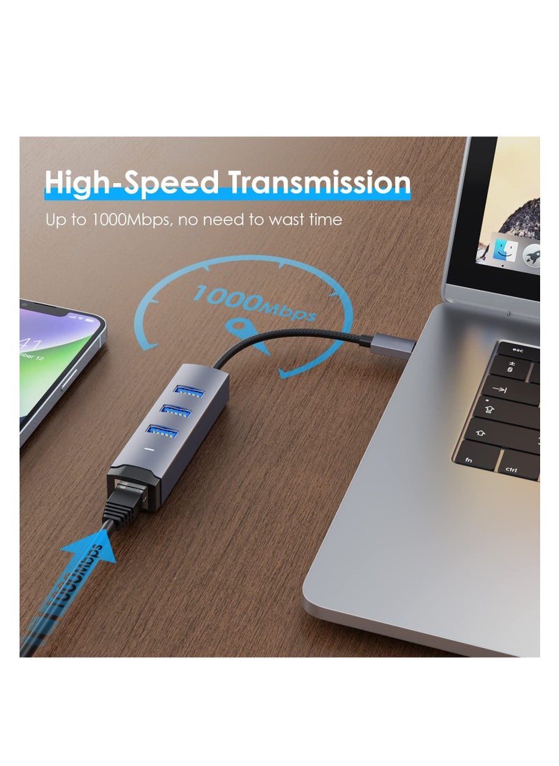 SYOSI USB C to Ethernet Adapter, 4 in 1 Multiport Hub with Gigabit RJ45 & 3 x USB 3.0 Ports Fit for MacBook Pro Air, iMac, Mac Mini, iPad Pro, Galaxy S23, Surface Book, Dell XPS, Chromebook (Nylon Cable)  - Image 3