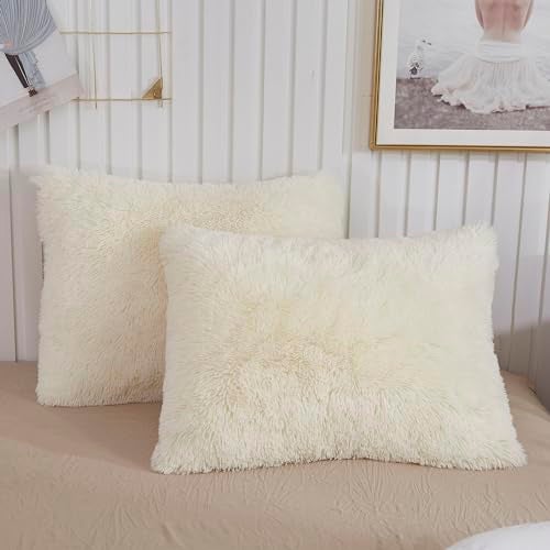 XeGe Faux Fur Throw Pillow Cases, Plush Shaggy Ultra Soft Pillow Covers, Fluffy Crystal Velvet Decorative Pillowcases, Furry Fuzzy Pillow Shams Zipper Closure, Set of 2(Standard, Light Beige) - Image 1