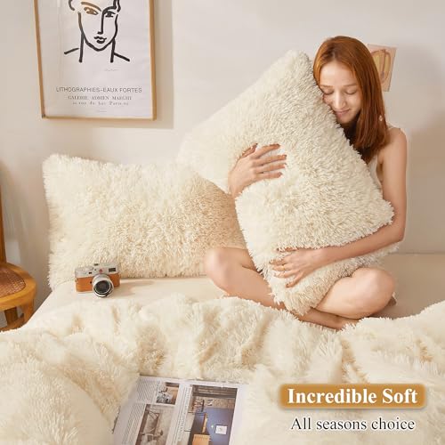 XeGe Faux Fur Throw Pillow Cases, Plush Shaggy Ultra Soft Pillow Covers, Fluffy Crystal Velvet Decorative Pillowcases, Furry Fuzzy Pillow Shams Zipper Closure, Set of 2(Standard, Light Beige) - Image 5
