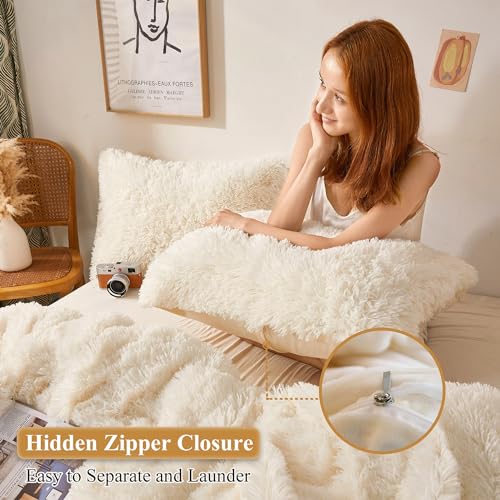 XeGe Faux Fur Throw Pillow Cases, Plush Shaggy Ultra Soft Pillow Covers, Fluffy Crystal Velvet Decorative Pillowcases, Furry Fuzzy Pillow Shams Zipper Closure, Set of 2(Standard, Light Beige) - Image 3