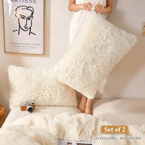 XeGe Faux Fur Throw Pillow Cases, Plush Shaggy Ultra Soft Pillow Covers, Fluffy Crystal Velvet Decorative Pillowcases, Furry Fuzzy Pillow Shams Zipper Closure, Set of 2(Standard, Light Beige) - Image 2