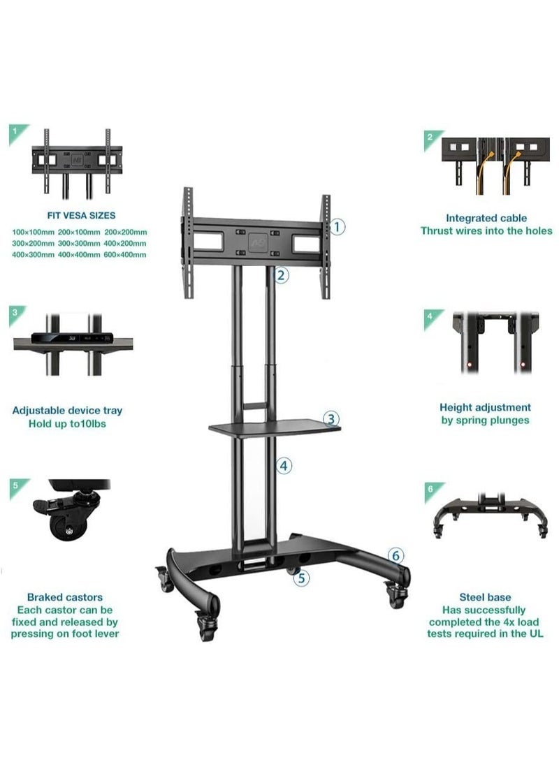 Mobile TV Cart TV Stand with Lockable Wheels for 32 to 70" Inch Plasma LCD LED Flat or Curved Screen TVs up to 100lbs - Height Adjustable (32-70 inch) - Image 5