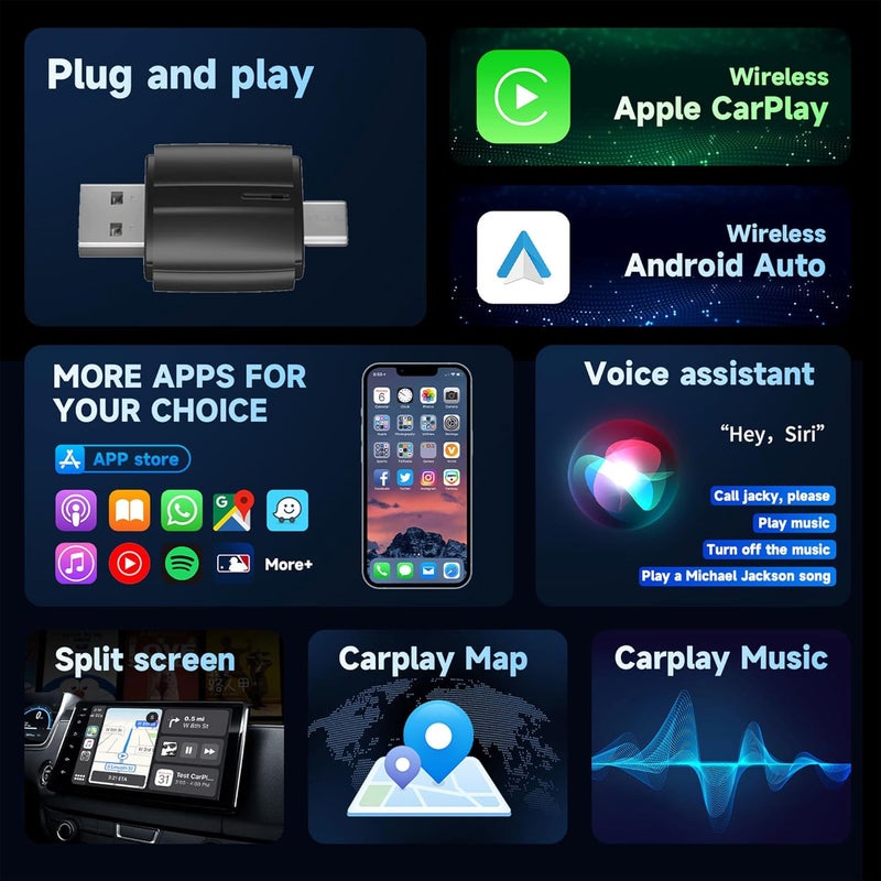 إبدا بضائع 2025 نسخة مطورة محول CarPlay اللاسلكي وAndroid Auto 2 في 1، دونجل توصيل وتشغيل يحول السلكي إلى لاسلكي، اتصال تلقائي سريع، بدون تأخير، متوافق مع هواتف iPhone وAndroid - Image 2