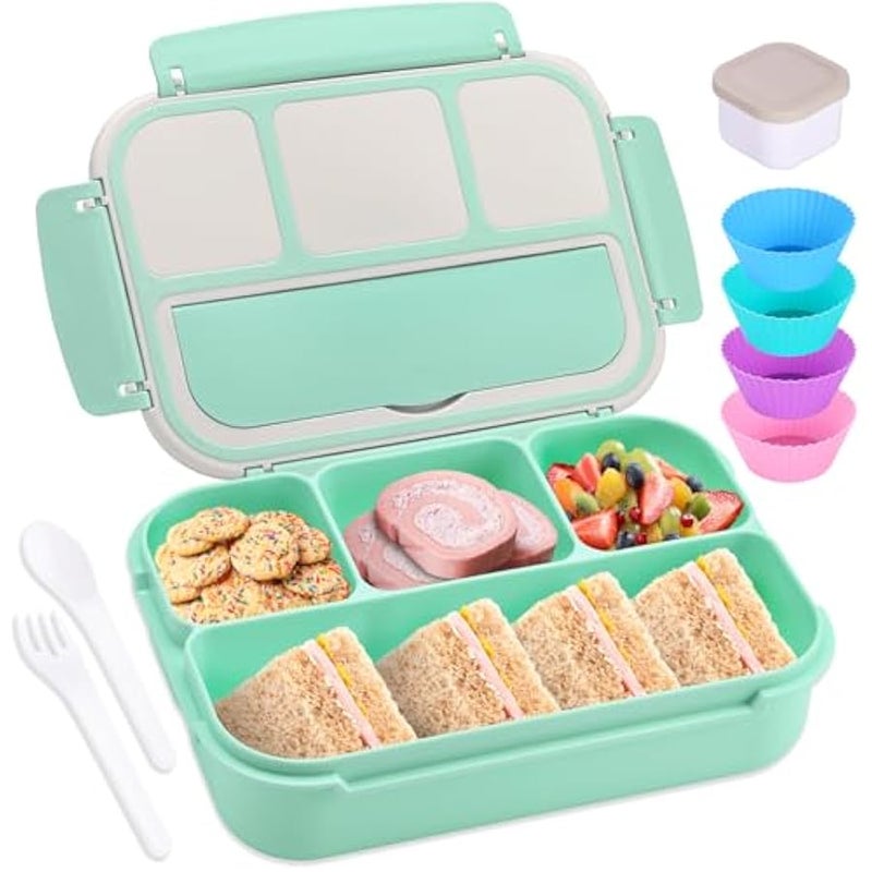Bento Box Adult Lunch Box, Lunch Containers for Kids Girls Boys with 4 Compartments, Lunchable Food Container with Utensils, Sauce Jar, Muffin Liners, 40 Oz/5 Cup, Seafoam Green - Image 1
