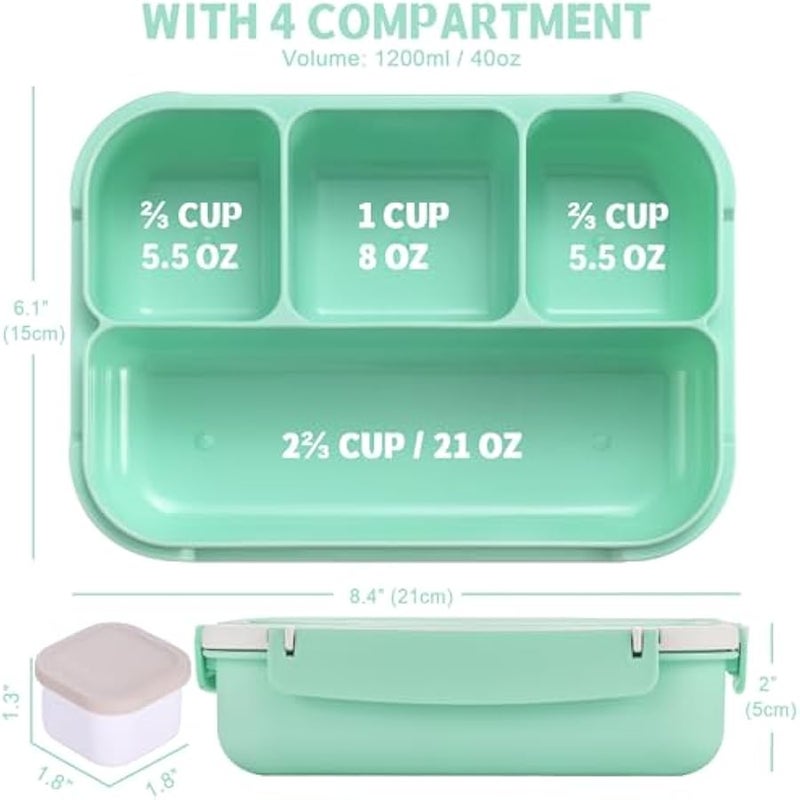 Bento Box Adult Lunch Box, Lunch Containers for Kids Girls Boys with 4 Compartments, Lunchable Food Container with Utensils, Sauce Jar, Muffin Liners, 40 Oz/5 Cup, Seafoam Green - Image 2