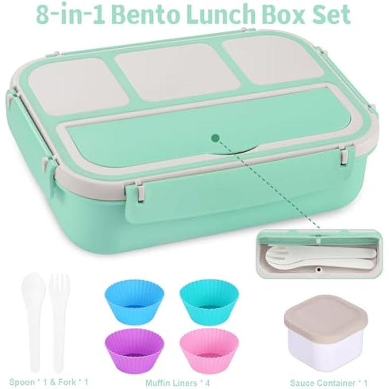 Bento Box Adult Lunch Box, Lunch Containers for Kids Girls Boys with 4 Compartments, Lunchable Food Container with Utensils, Sauce Jar, Muffin Liners, 40 Oz/5 Cup, Seafoam Green - Image 5
