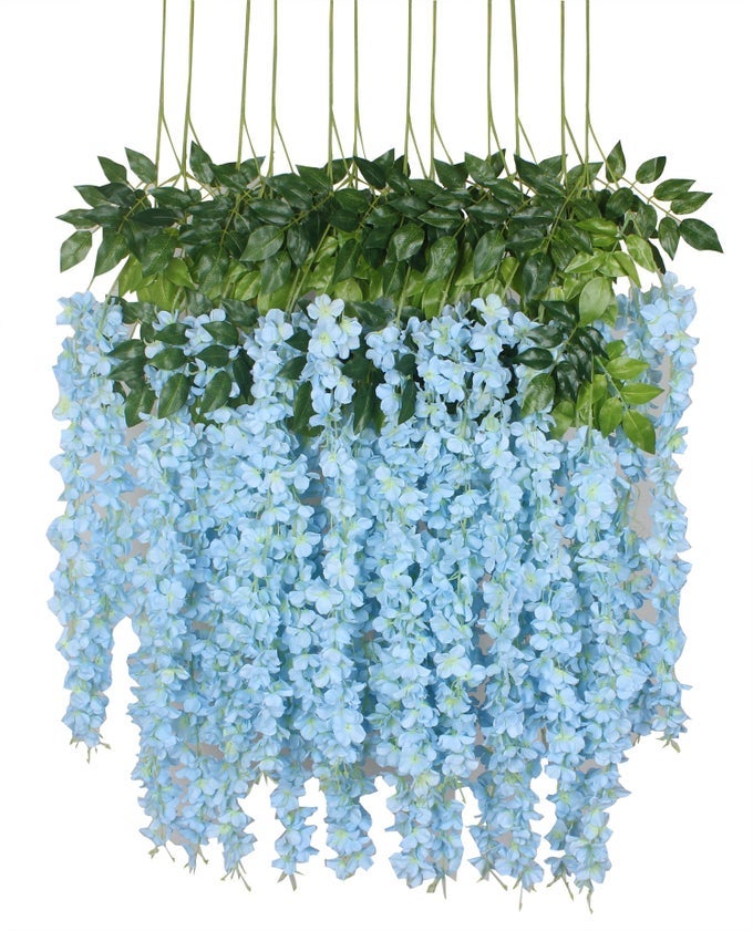 12 PIECE ARTIFICIAL SILK WISTERIA VINE 36 FEET HANGING FLOWER GARLAND STRING HOME PARTY WEDDING DECOR LIGHT BLUE