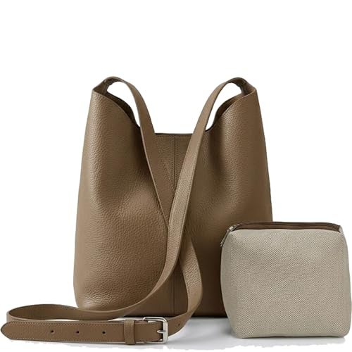 SIBY Soft PU Leather Top Handle Bucket Bag with Small Zipper Purse, Large Capacity Retro Style Shoulder Tote for Women-Sand - Image 1