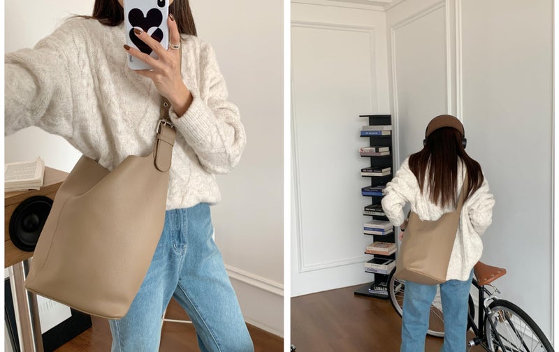 SIBY Soft PU Leather Top Handle Bucket Bag with Small Zipper Purse, Large Capacity Retro Style Shoulder Tote for Women-Sand - Image 5