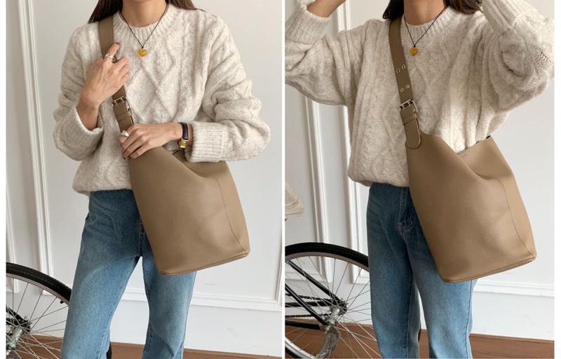 SIBY Soft PU Leather Top Handle Bucket Bag with Small Zipper Purse, Large Capacity Retro Style Shoulder Tote for Women-Sand - Image 4