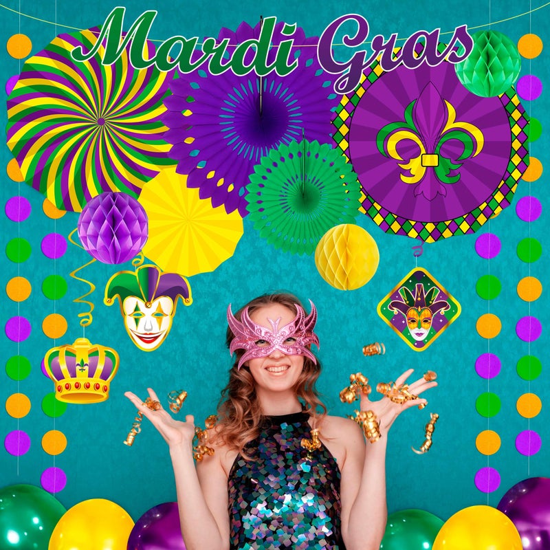 Moon Boat 34PCS Mardi Gras Decorations Party Kit - Paper Fans Pom Poms Hanging Swirls Honeycombs Balloons Garlands Purple Green Gold Fat Tuesday Carnival Decor - Image 5