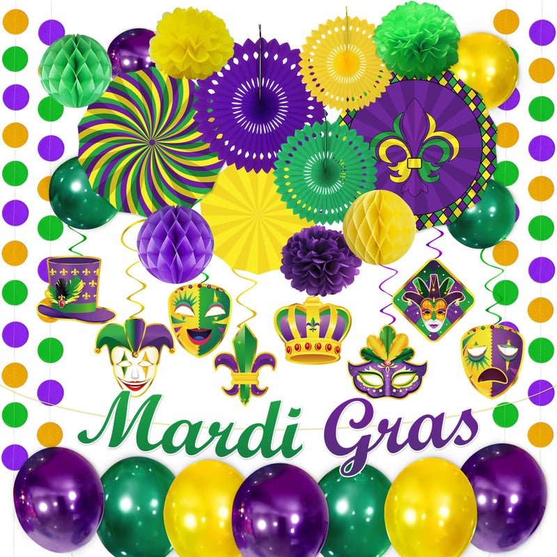 Moon Boat 34PCS Mardi Gras Decorations Party Kit - Paper Fans Pom Poms Hanging Swirls Honeycombs Balloons Garlands Purple Green Gold Fat Tuesday Carnival Decor - Image 1