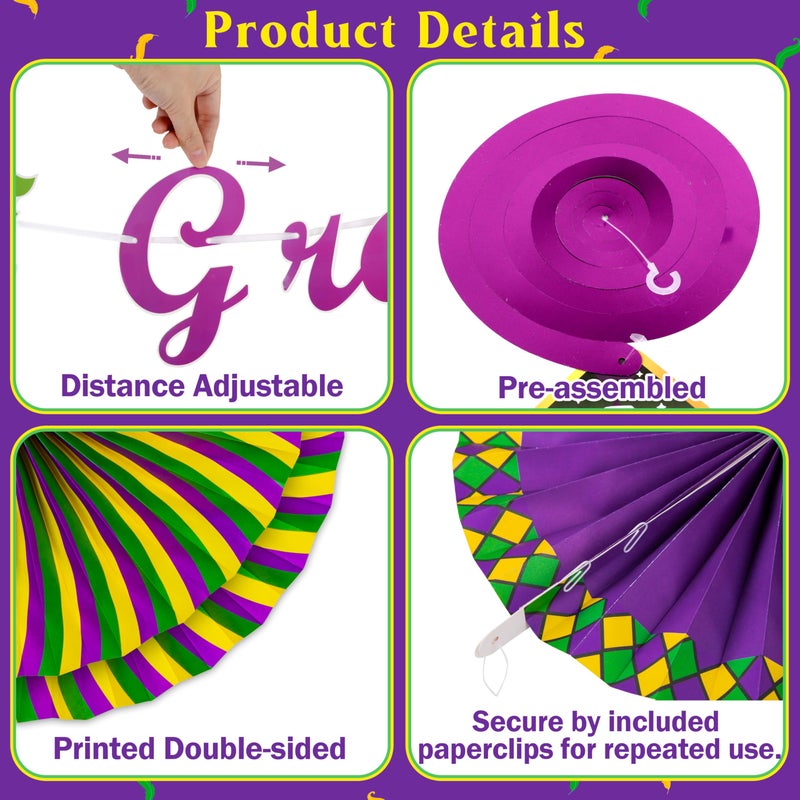 Moon Boat 34PCS Mardi Gras Decorations Party Kit - Paper Fans Pom Poms Hanging Swirls Honeycombs Balloons Garlands Purple Green Gold Fat Tuesday Carnival Decor - Image 4