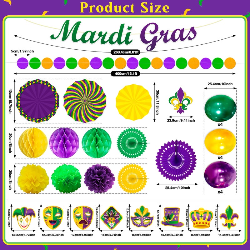 Moon Boat 34PCS Mardi Gras Decorations Party Kit - Paper Fans Pom Poms Hanging Swirls Honeycombs Balloons Garlands Purple Green Gold Fat Tuesday Carnival Decor - Image 3