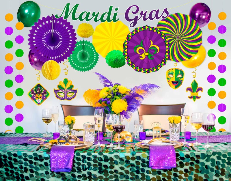Moon Boat 34PCS Mardi Gras Decorations Party Kit - Paper Fans Pom Poms Hanging Swirls Honeycombs Balloons Garlands Purple Green Gold Fat Tuesday Carnival Decor - Image 2