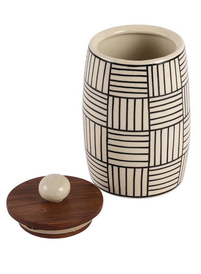 miah decor جرار سيراميك ميا ديكور لتخزين المطبخ بغطاء خشبي مزخرف يدويًا لزيتون التوابل وعاء من الحجر مع ختم سيليكون محكم - عبوة من 1, (الحجم HxW:- 6X2.7 بوصة; الحجم:- 650 مل) - Image 2