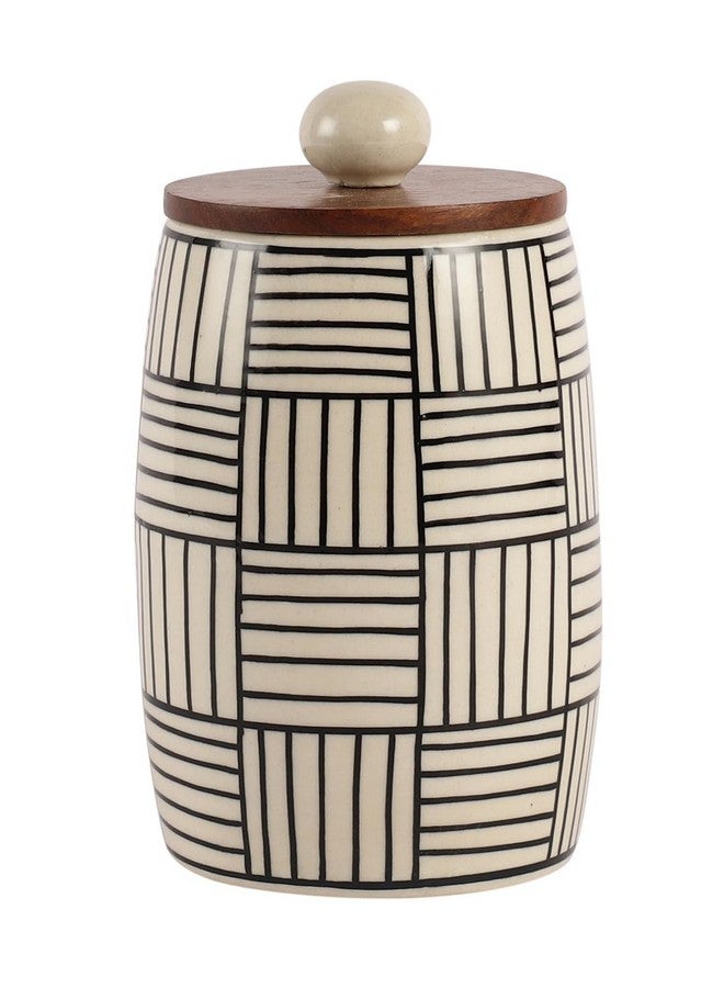 miah decor جرار سيراميك ميا ديكور لتخزين المطبخ بغطاء خشبي مزخرف يدويًا لزيتون التوابل وعاء من الحجر مع ختم سيليكون محكم - عبوة من 1, (الحجم HxW:- 6X2.7 بوصة; الحجم:- 650 مل) - Image 3