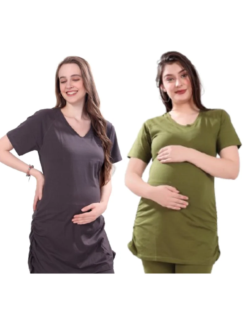 TUMMY Pack of 2 Grey and Green Maternity T-shirt