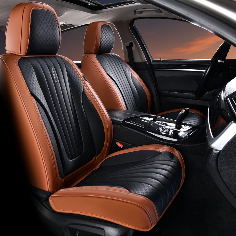 FLORICH Car Seat Covers, Premium Leatherette Car Seat Covers Front Seats, Breathable Car Seat Cushion for Cars, Automotive Seat Protectors for Most Sedans Cars SUV Trucks, Black&Brown - Image 1