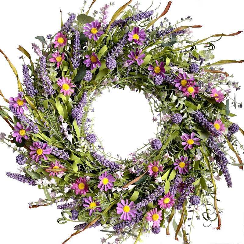 Egolot 24 Inch Spring and Everyday Greenery Wild Flower Wreath for Front Door, Mixed Green Leaves and Flower Wreath for Indoor and Outdoor Use, Everyday Home Decor - Image 1