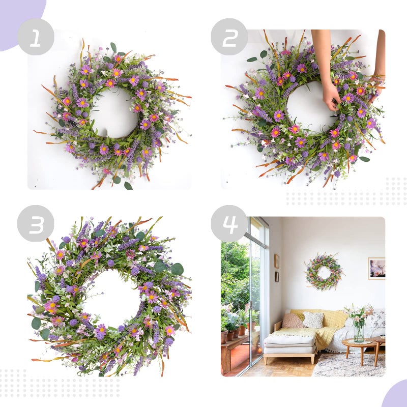 Egolot 24 Inch Spring and Everyday Greenery Wild Flower Wreath for Front Door, Mixed Green Leaves and Flower Wreath for Indoor and Outdoor Use, Everyday Home Decor - Image 3