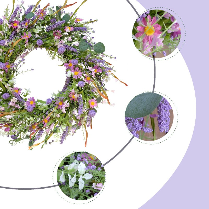 Egolot 24 Inch Spring and Everyday Greenery Wild Flower Wreath for Front Door, Mixed Green Leaves and Flower Wreath for Indoor and Outdoor Use, Everyday Home Decor - Image 2