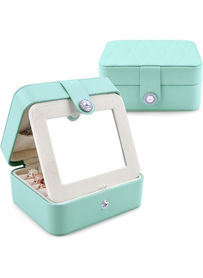 Blue PU Leather Jewelry Box with Mirror for Earrings, Rings, and Necklace - Compact Organizer for Teens, Girls, and Women 