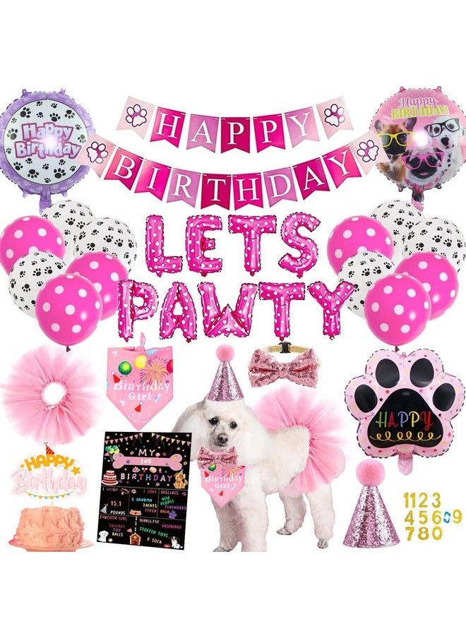 Bluegogo Dog Birthday Party Supplies Decorations Cute Dog Birthday Bandanas Girl With Lets Pawty Banner Dog Birthday Cake Toppers Hat Pink Bowtie Dog Tutu Skirt Paw Balloons For Dog Party Decorations  - Image 1