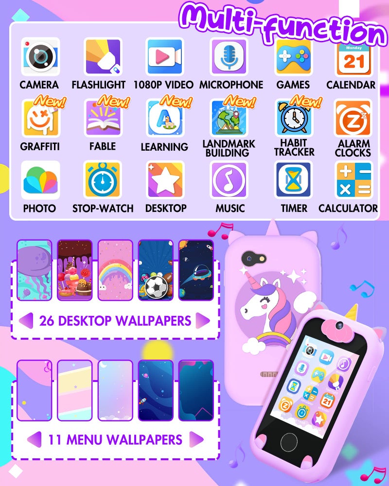 Joozfee Kids Smart Phone For Girls Unicorns Gifts For Girls Toys 8-10 Years Old Phone Touchscreen Learning Toy Christmas Birthday Gifts For 3 4 5 6 7 8 9 Year Old With 8G Memory Card (Purple) - Image 2