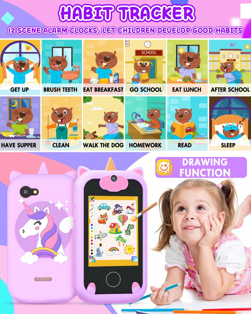 Joozfee Kids Smart Phone For Girls Unicorns Gifts For Girls Toys 8-10 Years Old Phone Touchscreen Learning Toy Christmas Birthday Gifts For 3 4 5 6 7 8 9 Year Old With 8G Memory Card (Purple) - Image 5