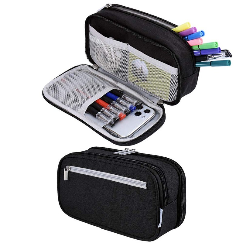 Chelory Big Pencil Case Large Capacity Pencil Bag Pouch 3 Multi Comparments High Storage Pen Holder Marker Holder Portable Office Stationery Organizer Supplies Makeup Cosmetic Bag Men Women Black