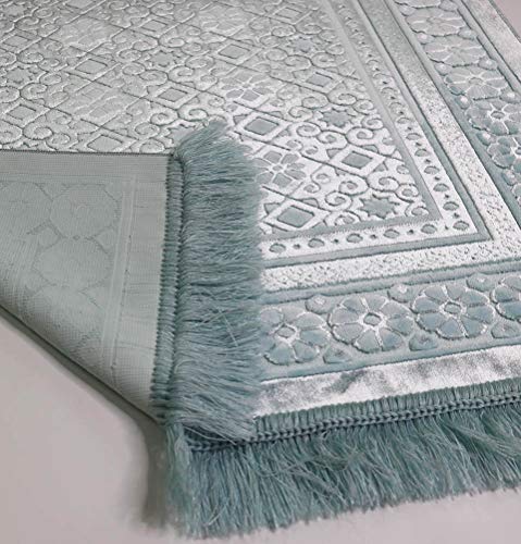 Modefa Velvet Prayer Rug - Soft Plush Turkish Janamaz Sajada Carpet for Men and Women - Plain Solid Prayer Mat Ramadan Eid Gift - with Prayer Beads - Luxury Floral Stamp (Light Blue) - Image 3