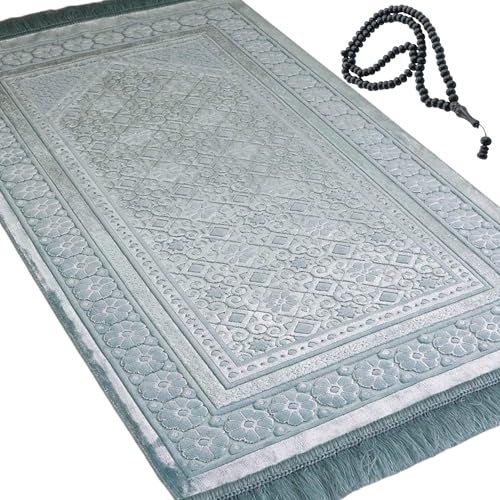 Modefa Velvet Prayer Rug - Soft Plush Turkish Janamaz Sajada Carpet for Men and Women - Plain Solid Prayer Mat Ramadan Eid Gift - with Prayer Beads - Luxury Floral Stamp (Light Blue) - Image 5