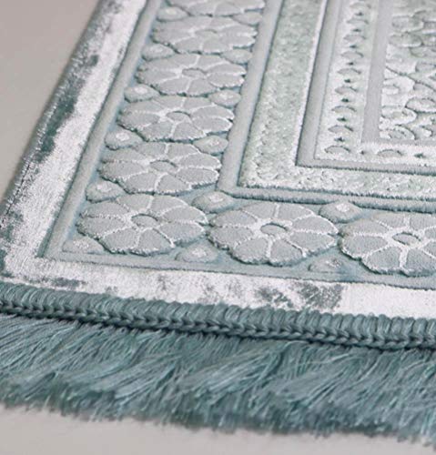 Modefa Velvet Prayer Rug - Soft Plush Turkish Janamaz Sajada Carpet for Men and Women - Plain Solid Prayer Mat Ramadan Eid Gift - with Prayer Beads - Luxury Floral Stamp (Light Blue) - Image 2