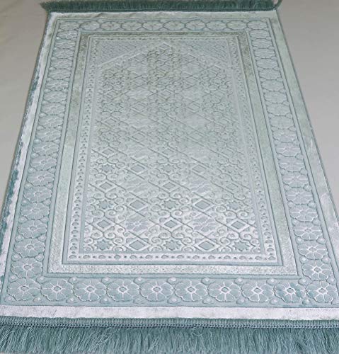 Modefa Velvet Prayer Rug - Soft Plush Turkish Janamaz Sajada Carpet for Men and Women - Plain Solid Prayer Mat Ramadan Eid Gift - with Prayer Beads - Luxury Floral Stamp (Light Blue) - Image 4