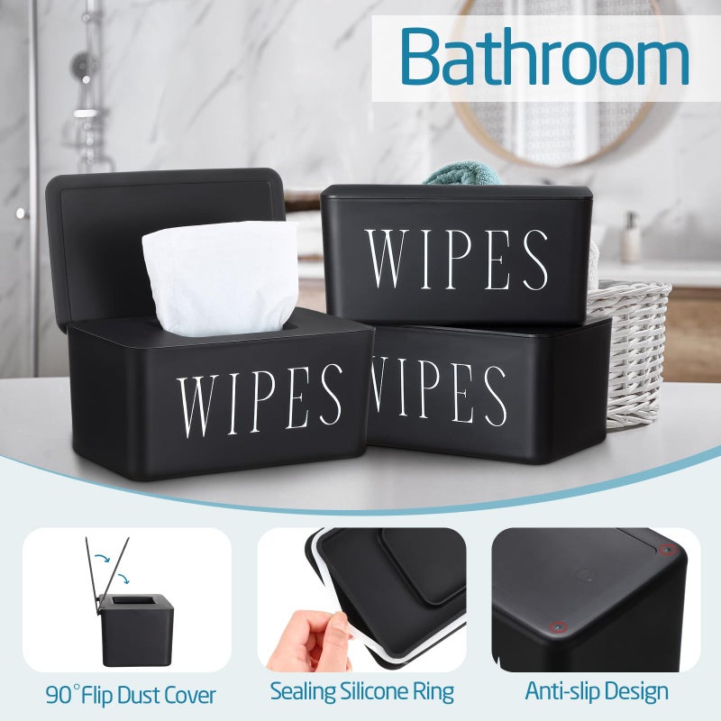 Singhoow 3 Pack Baby Wipes Dispenser Holder Wipe Container for Bathroom with Lid Toilet Tissue Paper Storage Refillable Box for Home Office Cars(Large,Black) - Image 4