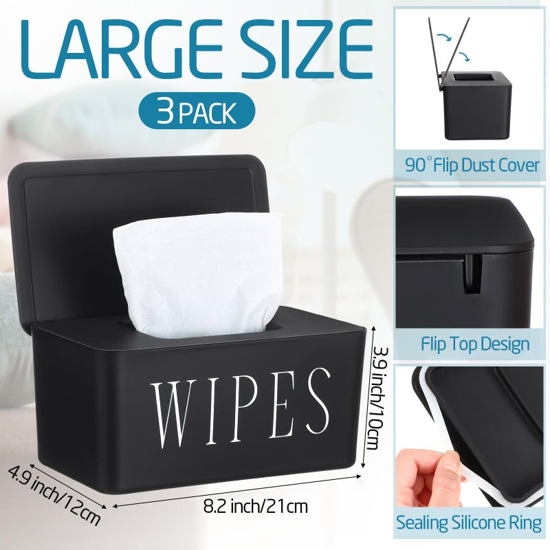 Singhoow 3 Pack Baby Wipes Dispenser Holder Wipe Container for Bathroom with Lid Toilet Tissue Paper Storage Refillable Box for Home Office Cars(Large,Black) - Image 2