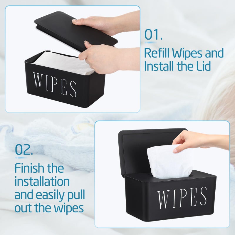 Singhoow 3 Pack Baby Wipes Dispenser Holder Wipe Container for Bathroom with Lid Toilet Tissue Paper Storage Refillable Box for Home Office Cars(Large,Black) - Image 3