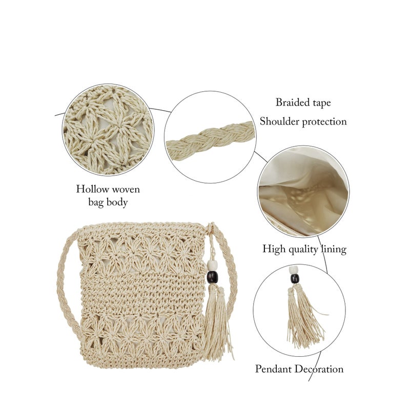 SOLARAE Straw Bags, for Women Summer Straw Beach Shoulder Bags Handbags Light Hand-woven Crossbody Tassel Bohemian Bags With Zipper for Purse Travel Holiday and Daily Use - Image 4