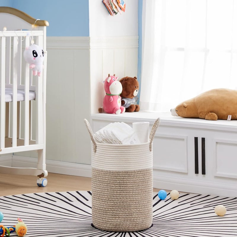 VIPOSCO Tall Laundry Hamper, Woven Rope Storage Basket for Blanket, Toys, Dirty Clothes in Living Room, Bathroom, Bedroom - 30L White & Brown - Image 2