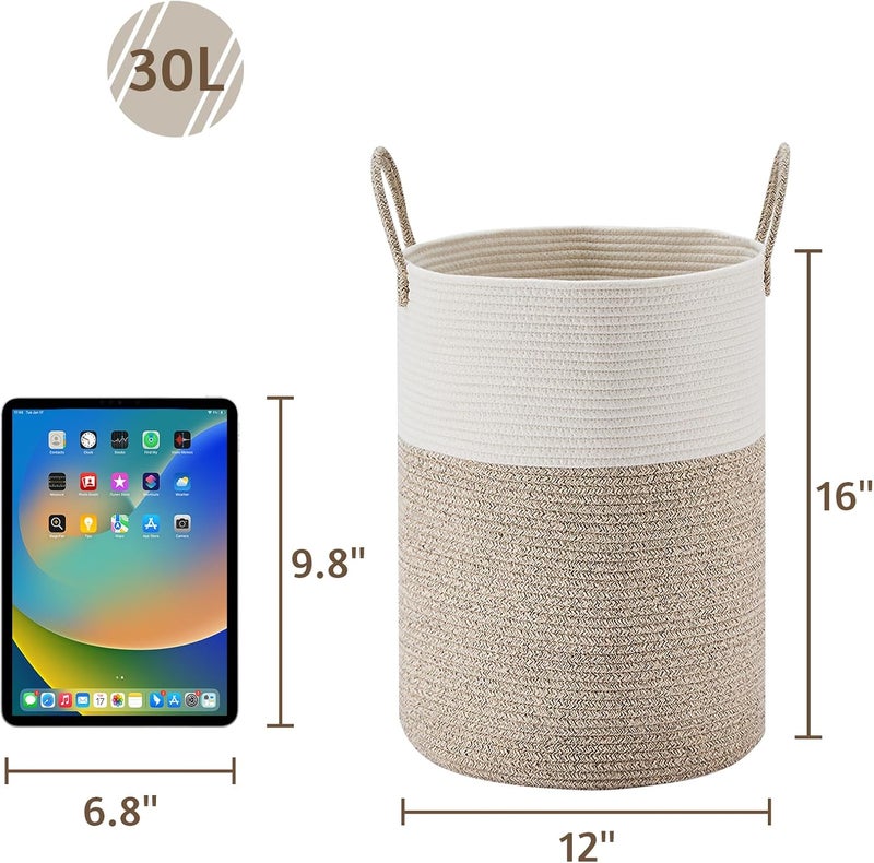 VIPOSCO Tall Laundry Hamper, Woven Rope Storage Basket for Blanket, Toys, Dirty Clothes in Living Room, Bathroom, Bedroom - 30L White & Brown - Image 5