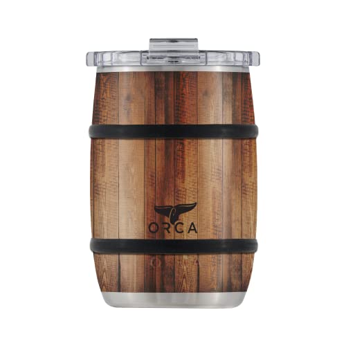 ORCA Barrel 12oz | Temperature Insulated, Stainless Steel Tumbler with a Classy Wood Grain Print, for Whiskey, Beer, or Coffee — Dark Oak - Image 1