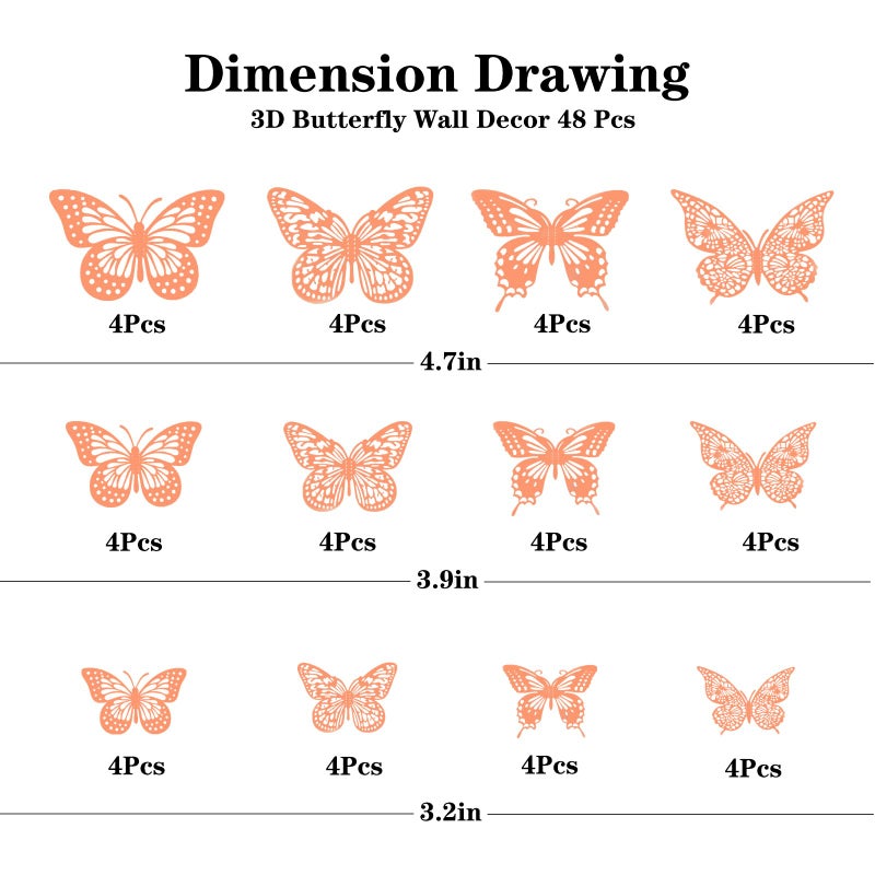 Meikeer 3D Butterfly Wall Decor 48 Pcs 4 Styles 3 Sizes  for Birthday Decorations Party Decorations  Removable Wall Stickers Interior Decoracions Kids Nursery Classroom Wedding Decor (Pink) - Image 2